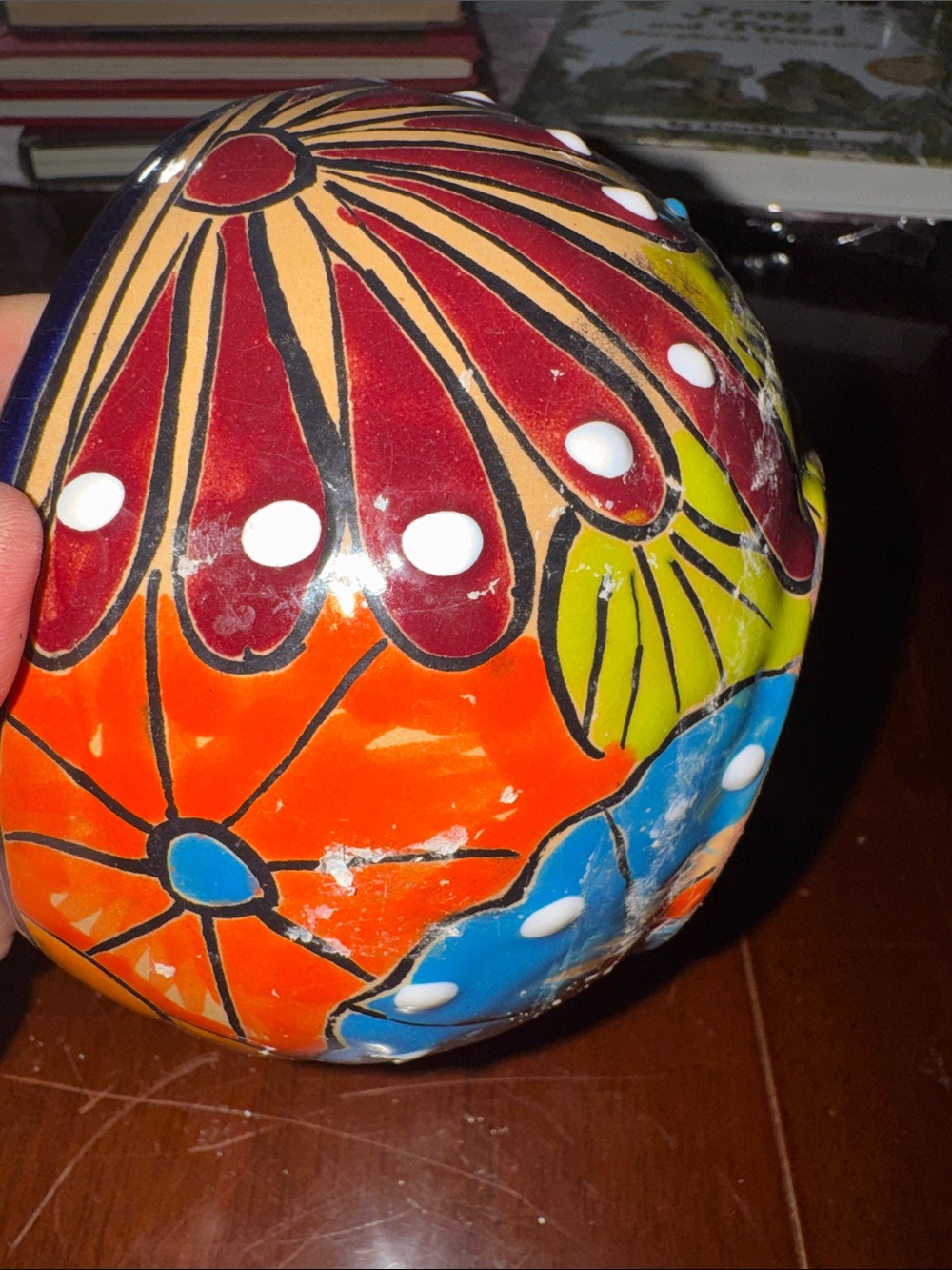 Made in Mexico Handcrafted Orange Floral Ceramic Planter Bowl with bottom tray - Picture 4 of 12
